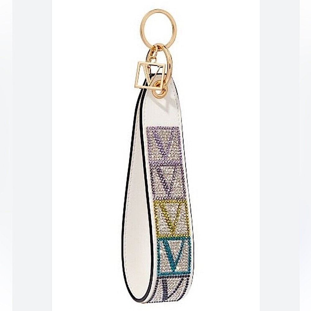 NWT Victoria's Secret Wristlet Strap Rhinestones Keychain Color White Shine